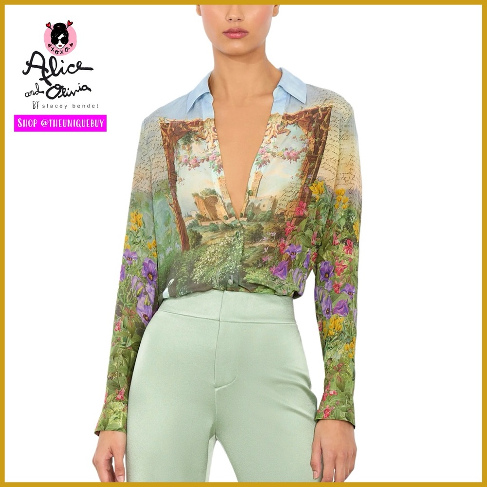 Alice + Olivia Eloise Floral Multi Printed Button Down Blouse Top